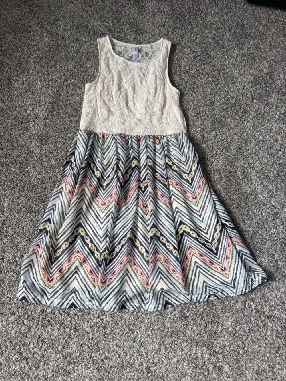 Juniors Cream Lace Bodice Chevron Print Skater Dress